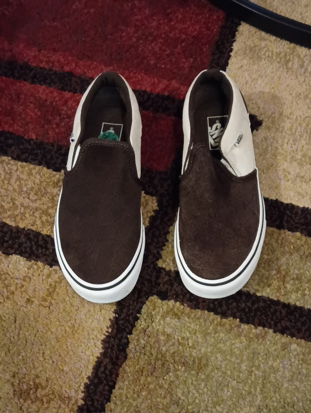 Vans Men's Brown Suede Slip-On Loafers with Cream Side Panels Size 7.5